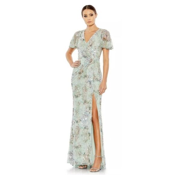 Mac Duggal Green Embellished Butterfly Sleeve Faux Wrap Gown - Size 20 - NWT - Picture 1 of 7